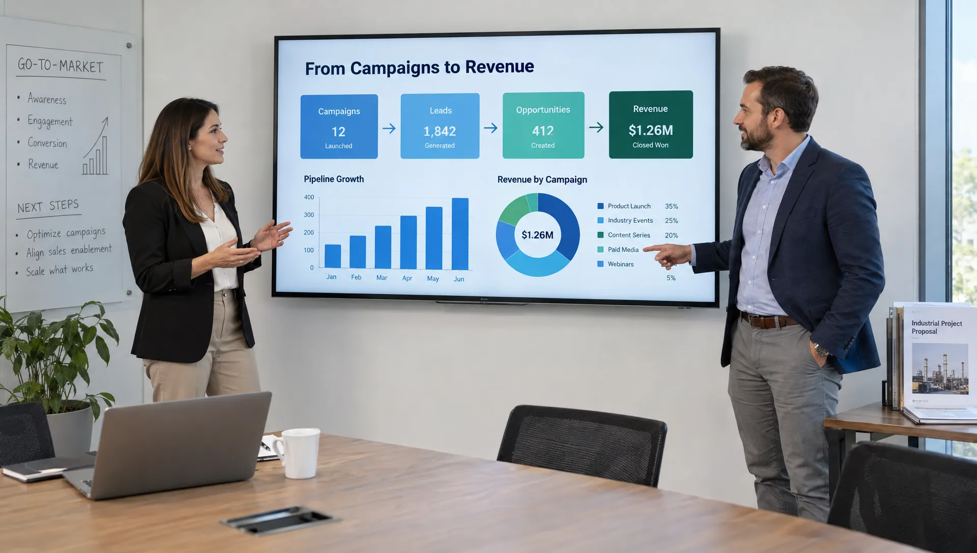 Marketing and sales managers review campaign spending, qualified opportunities, and revenue beside an industrial project proposal.