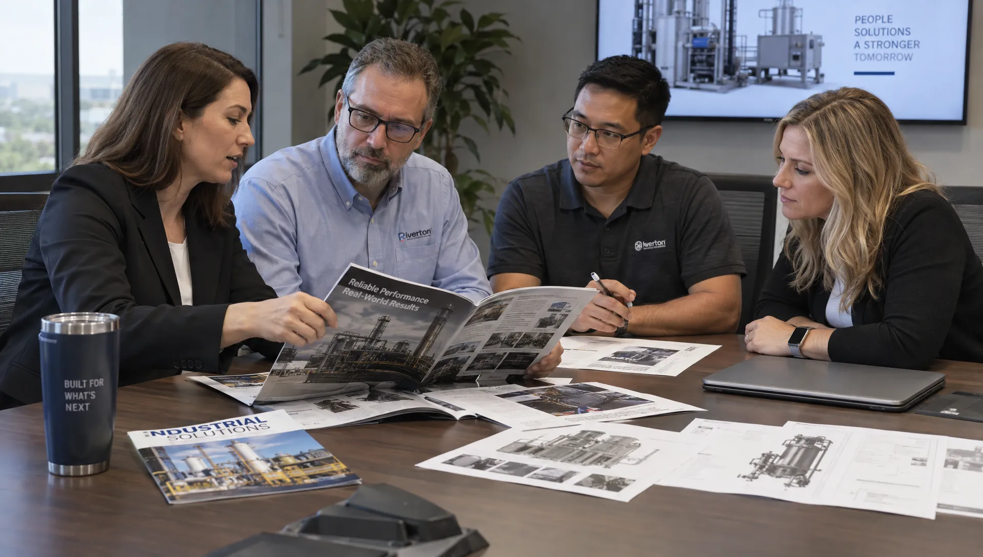 Marketing and technical staff review trade-publication placements, equipment application photographs, and specification sheets at a conference table.