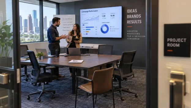 Marketing colleagues discuss campaign performance in a collaborative project room set up to support industrial lead generation.