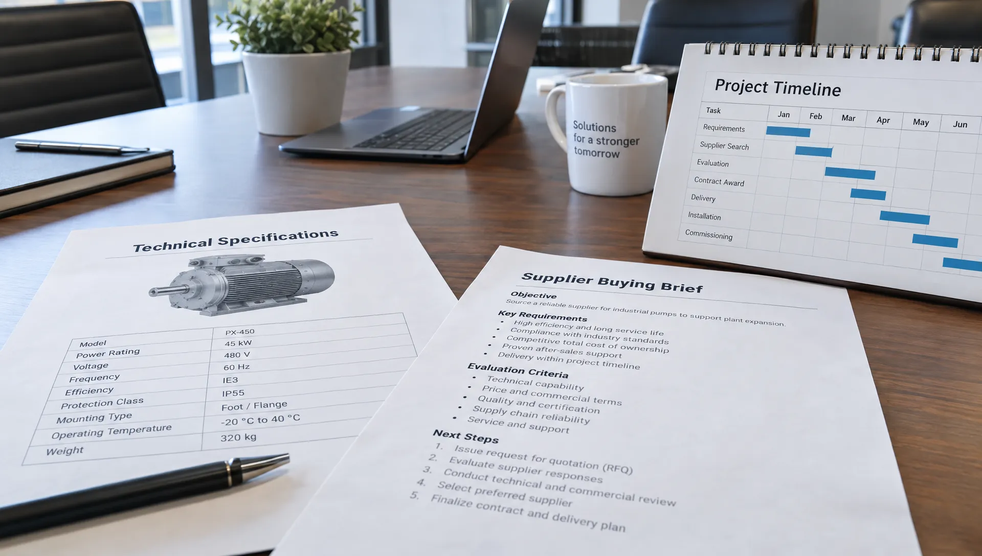 Printed technical specifications and a supplier buying brief lie beside a project calendar on a meeting table, ready to support decisions during a long industrial sales cycle.