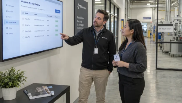 Two colleagues review advertising account access during a handover at a manufacturing company.