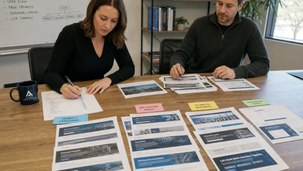 Two staff members sort website pages by priority on a table, showing the planning work behind search optimization for a complex B2B website.
